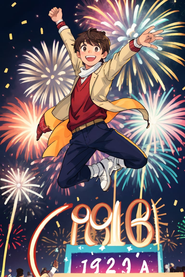 A confident and kind young man with short,  tousled brown hair styled like Lloyd Bannings,  mid-jump with one arm raised h...