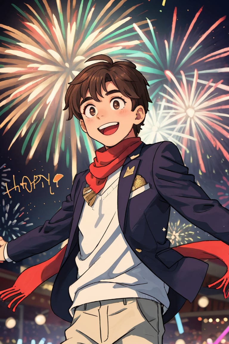 A confident and kind young man with short,  tousled brown hair styled like Lloyd Bannings,  mid-jump with one arm raised h...