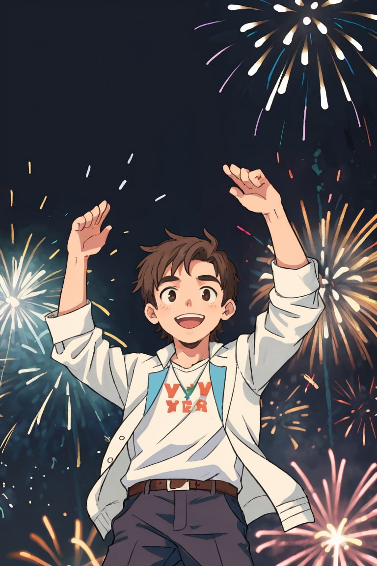 Anime style illustration: A confident and kind young man with short,  tousled brown hair styled like Lloyd Bannings—layere...