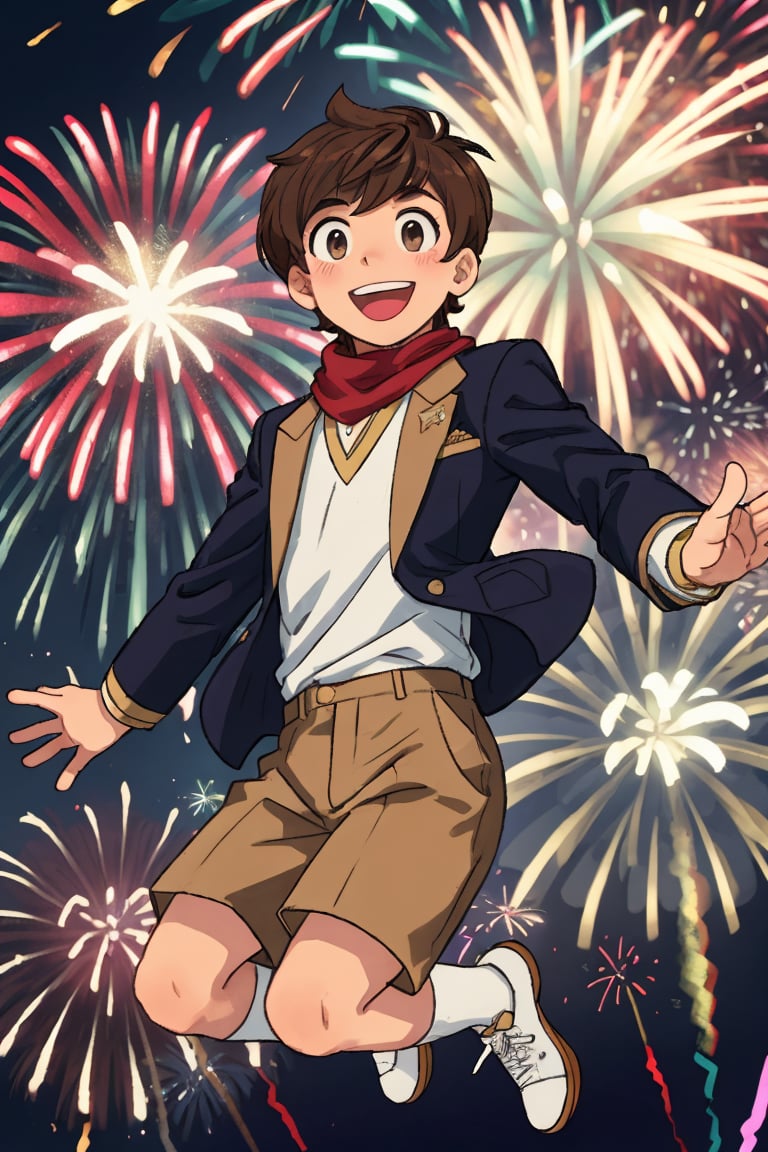 A confident and kind young man with short,  tousled brown hair styled like Lloyd Bannings,  mid-jump with one arm raised h...