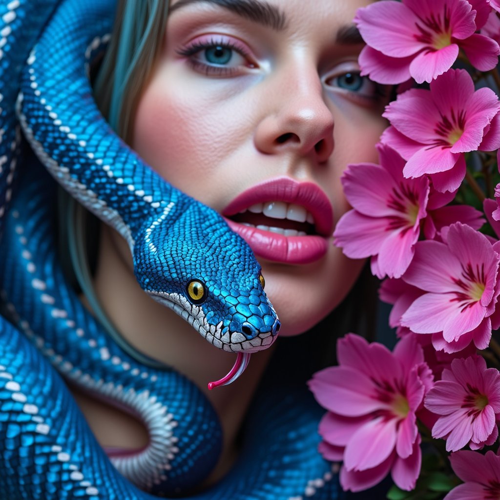 a medium shot view of a woman's face, adorned with a blue snake. The snake's head is encased in a diamond pattern of white lines, adding a touch of depth to the scene. The woman's lips, painted a vibrant shade of pink, is adorned with white teeth, while the snake's tail is adorned in a darker shade of blue, with a white line running down the middle of its head. The blue snake's tongue is curled up, revealing a blue pair of glasses resting on the woman's right side of the frame. The flowers on the right side are a vibrant pink, adding contrast to the overall composition of the image.