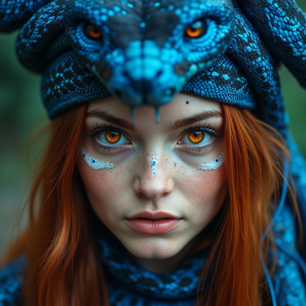 A close-up eye-level shot of a woman's face, adorned with a blue snake headband. Her eyes are a vibrant orange, adding a pop of color to her face. Her hair is a vibrant shade of brown, framing her eyes. Her skin is adorned with white paint, adding texture to the overall composition. The snake's headband is a deep blue, with a pattern of black spots and lines, adding depth to the scene. The background is blurred, creating a sense of depth and composition.