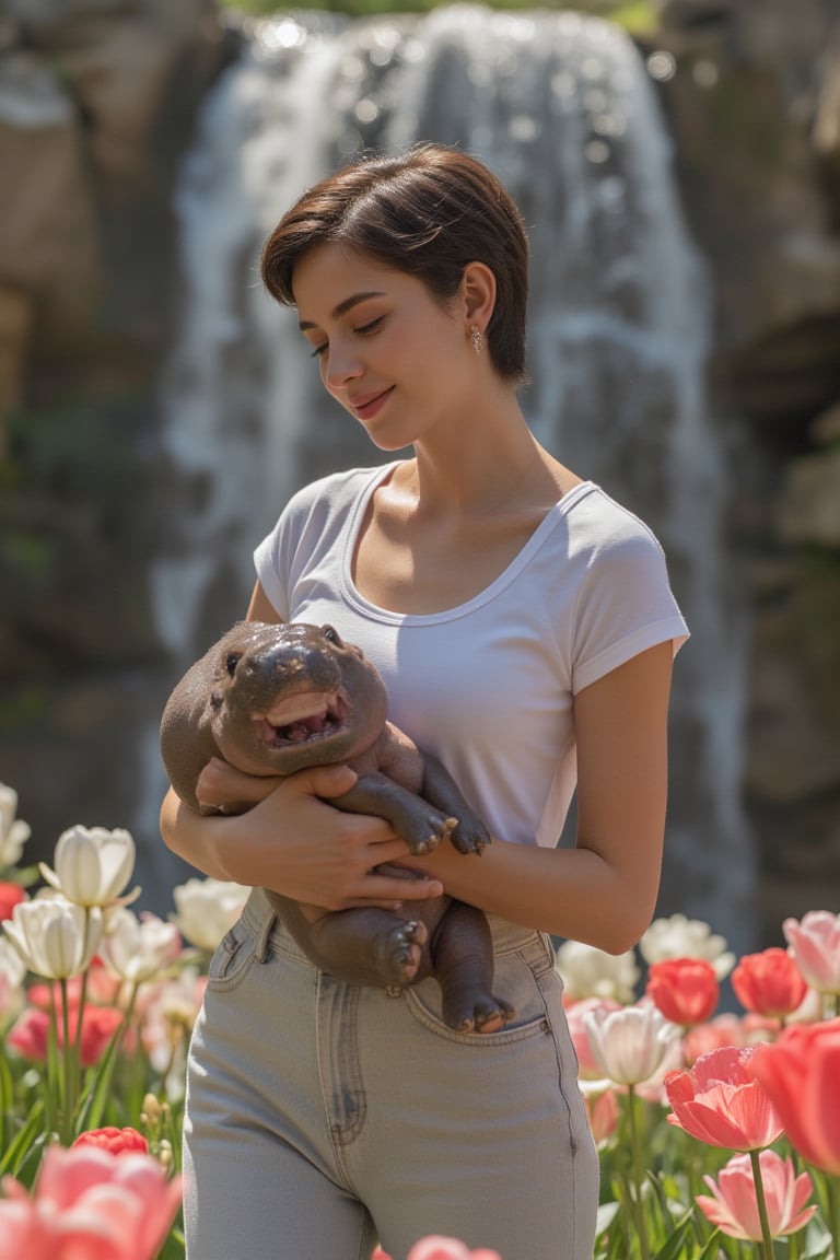 In a breathtakingly detailed masterpiece, a stunning young woman ((slim body)) with luscious dark brown pixie cut hair and radiant skin dons a crisp white T-shirt and high-waisted jeans. Her joyful expression shines as she playfully cradles a chubby baby hippo amidst a vibrant tulip garden, the soft petals gently swaying in the breeze. The majestic waterfall cascading down the stone wall behind her creates a serene ambiance, with sunlight dancing across the misty veil, illuminating the entire scene in breathtaking high resolution. key light, lim light.,upscale18k3d.