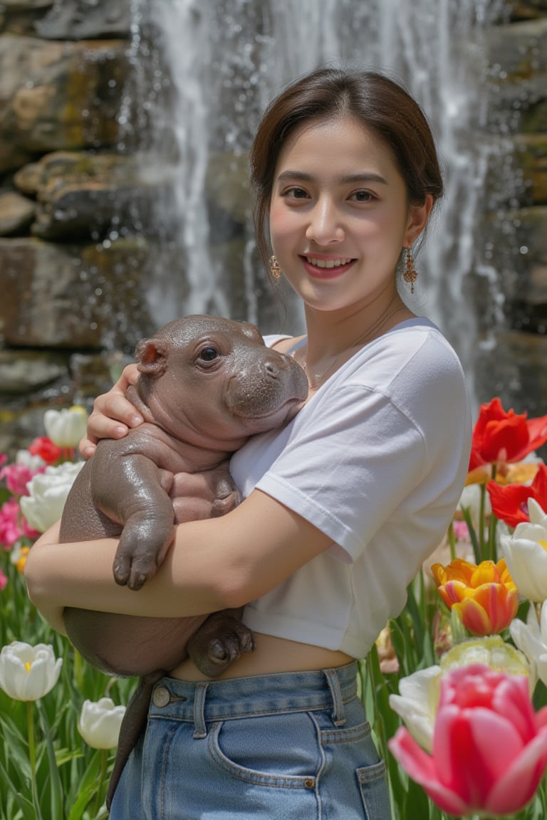 In a breathtakingly detailed masterpiece, a stunning young woman with luscious dark brown pixie cut hair and radiant skin dons a crisp white T-shirt and high-waisted jeans. Her joyful expression shines as she playfully cradles a chubby baby hippo amidst a vibrant tulip garden, the soft petals gently swaying in the breeze. The majestic waterfall cascading down the stone wall behind her creates a serene ambiance, with sunlight dancing across the misty veil, illuminating the entire scene in breathtaking high resolution. key light, lim light.,upscale18k3d.