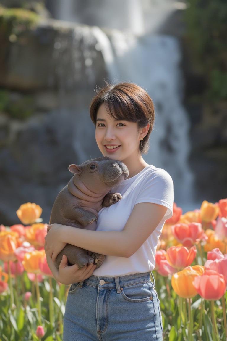 In a breathtakingly detailed masterpiece, a stunning young woman with luscious dark brown pixie cut hair and radiant skin dons a crisp white T-shirt and high-waisted jeans. Her joyful expression shines as she playfully cradles a chubby baby hippo amidst a vibrant tulip garden, the soft petals gently swaying in the breeze. The majestic waterfall cascading down the stone wall behind her creates a serene ambiance, with sunlight dancing across the misty veil, illuminating the entire scene in breathtaking high resolution. key light, lim light.,upscale18k3d.