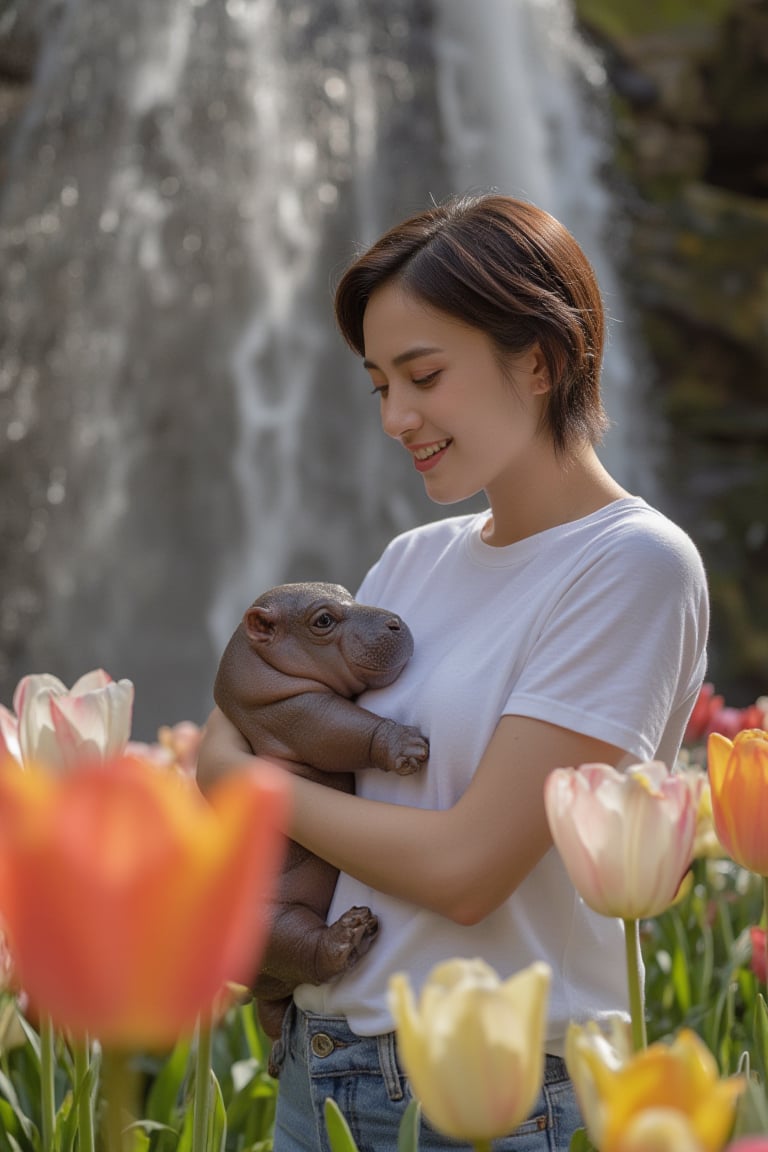 In a breathtakingly detailed masterpiece, a stunning young woman ((slim body)) with luscious dark brown pixie cut hair and radiant skin dons a crisp white T-shirt and high-waisted jeans. Her joyful expression shines as she playfully cradles a chubby baby hippo amidst a vibrant tulip garden, the soft petals gently swaying in the breeze. The majestic waterfall cascading down the stone wall behind her creates a serene ambiance, with sunlight dancing across the misty veil, illuminating the entire scene in breathtaking high resolution. key light, lim light.,upscale18k3d.