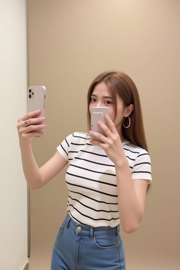 Prompt : ((masterpiece)), a young Asian woman stands in front of a mirror, holding her phone up to take a selfie. She is wearing a slimfit
strips t-shirt, a pair of blue short jeans, and a ring on her
finger. Her hair is long and dark, and she is wearing large
silver hoop earrings. The backdrop is a light beige, and
there is a white cabinet on the left side of the frame.,muay,Film