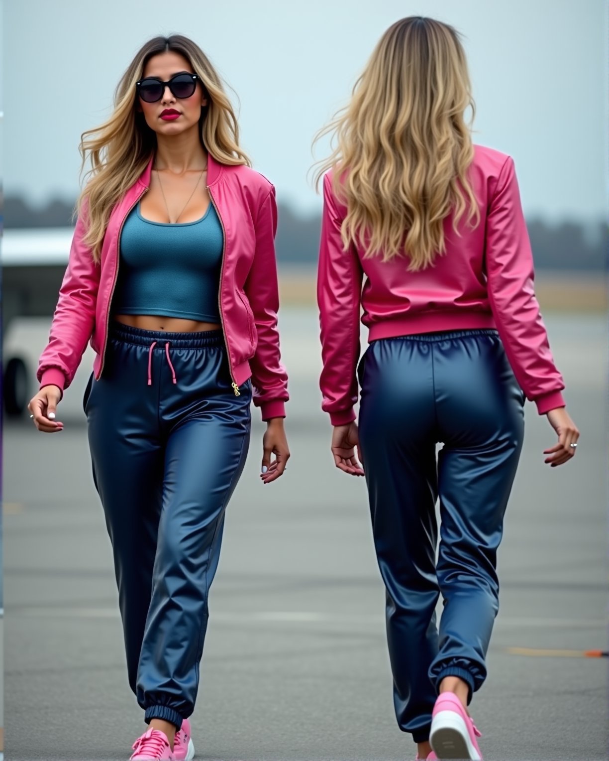 Image of a curvy and slightly muscular Indo-Arab Ethnic Woman in two frames
First frame shows her full front shot, walking towards camera.
Second frame shows her full back shot, walking away from camera.
She has natural red lips, blonde hair, Police sunglasses.
She wears tight, dark blue, super-tight leather drawstring shiny joggers, the tight joggers cover her busty back.
She wears metallic blue tight satin top. The tight satin top cover her busty chest, and waist. She also wear a hot pink shiny leather bomber jacket. Her busty back accentuated by the tight leather joggers is visible in second frame. She wears well expensive Pink Addidas shoe.
Blurred background of an airplane runway, with just her, while her image in both frames remains clear.

No distorted eyes, no incomplete nose, no distorted lips or nose. NO NUDITY. ONLY SAFE TO DISPLAY IMAGES.