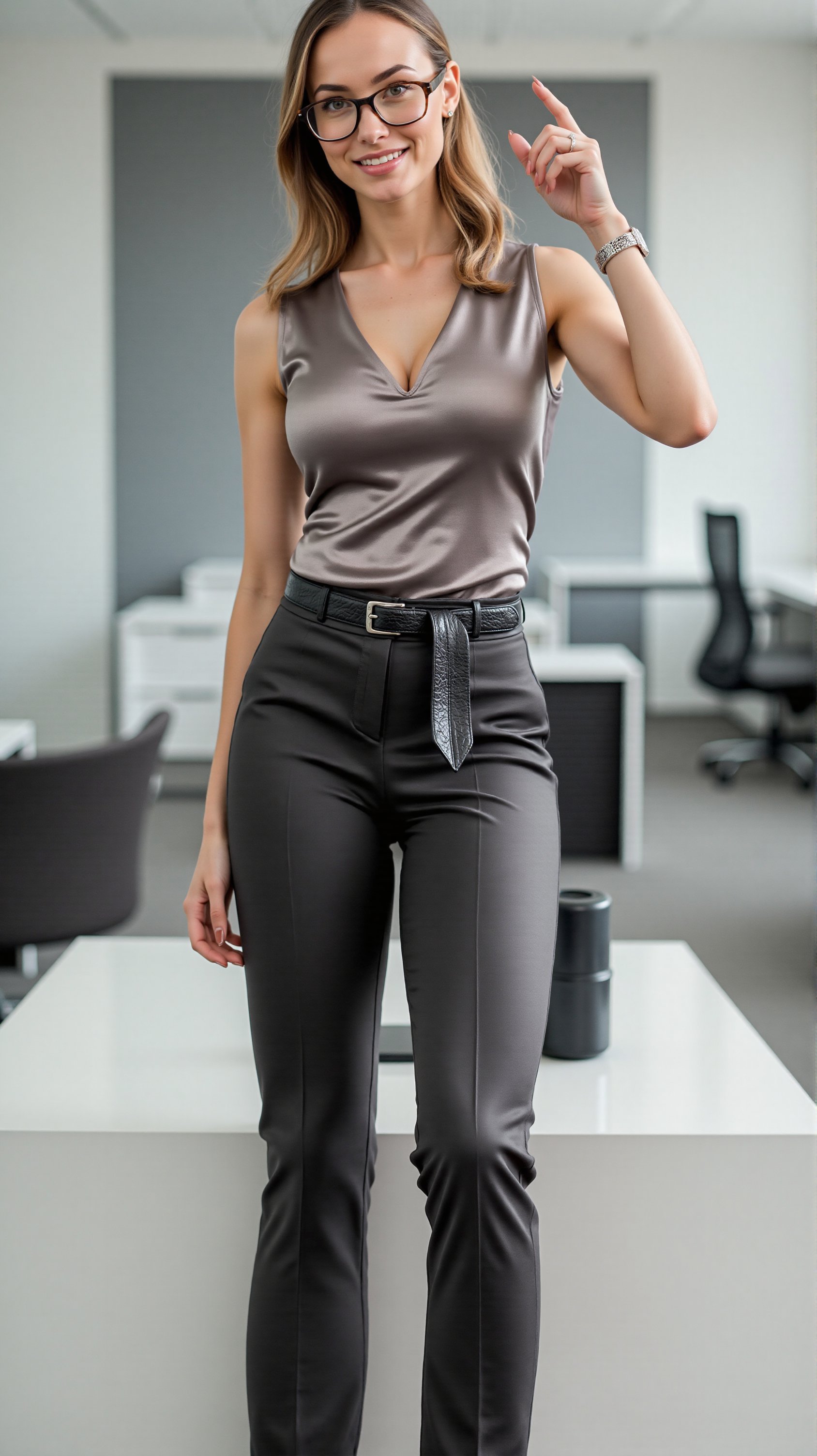 The office secretary exudes elegance in her professional attire, consisting of satin, shiny trousers that drape smoothly and a lustrous, form-fitting satin top. Her sleek leather belt cinches her waist, complementing her polished leather heels that add height and poise. A stainless-steel watch rests on her wrist, and she wears stylish eyeglasses that enhance her professional demeanor. Her maintenance includes ensuring her outfit is perfectly pressed, without any wrinkles, and her shoes and belt are polished for a pristine appearance.

Her background is a modern, sleek office with clean lines, glass partitions, and elegant furniture, conveying a corporate yet stylish setting. Neatly organized files and a minimalist desk add to the professional atmosphere, enhancing her role as a meticulous, detail-oriented secretary.