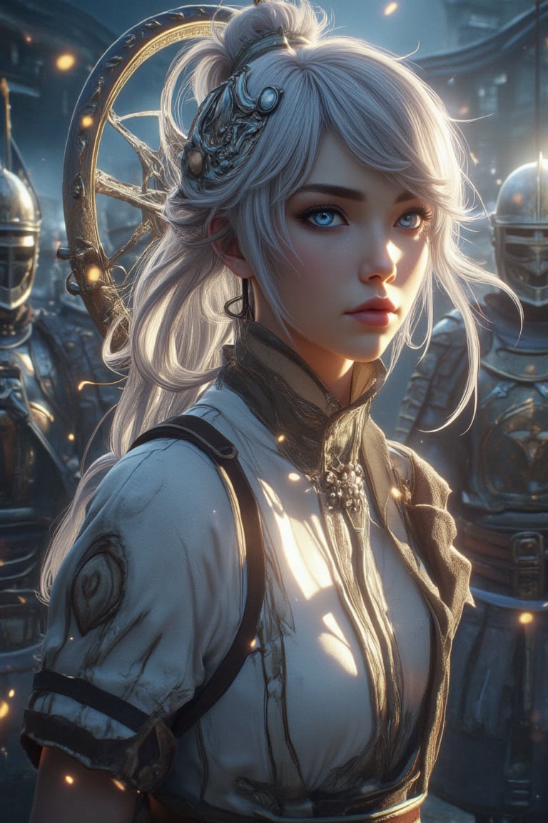 Close-up portrait of warrior princess, a White hair warrior girl illuminated by the soft glow of a flashlight, her features sharp and determined as she assumes a fighting stance. Her white ancient attire shines with a subtle sheen, adorned with a large circle decoration that floats behind her shoulders like a halo. In the dimly lit background, a group of masked armor warriors stand guard, their faces obscured by the shadows.,,perikecil