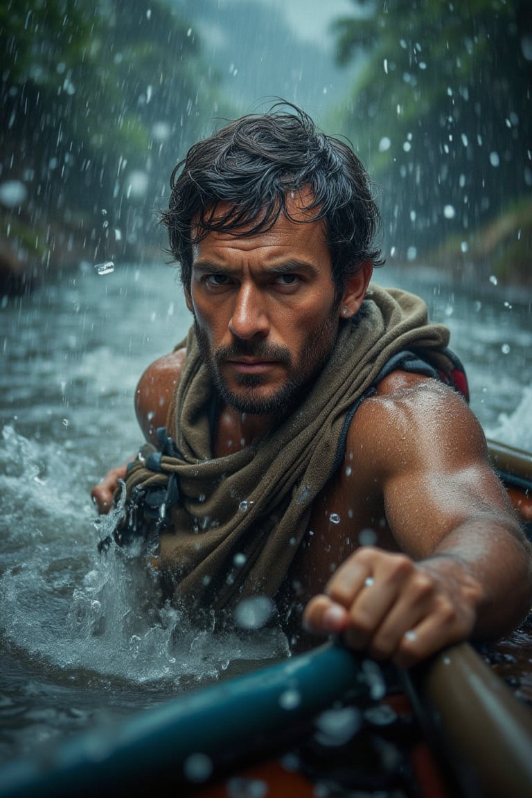 A close-up shot captures the determined expression on a man's face as he clings to his boat amidst a torrential thunderstorm. Ultra-wide framing showcases the chaotic atmosphere. A soaked cloth clings to his skin, while rain pounds down, creating miniature tidal waves that splash against the camera lens.