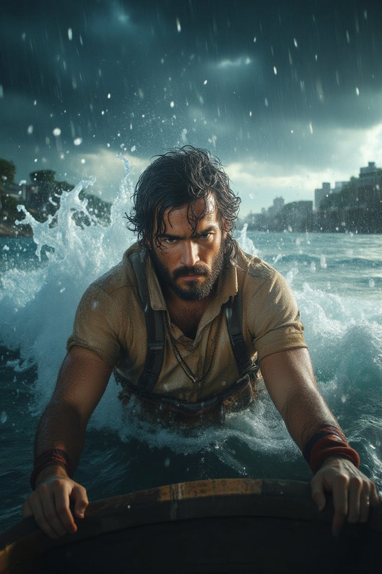 A close-up shot captures the determined expression on a man's face as he clings to his boat amidst a torrential thunderstorm. Ultra-wide framing showcases the chaotic atmosphere. A soaked cloth clings to his skin, while rain pounds down, creating miniature tidal waves that splash against the camera lens.