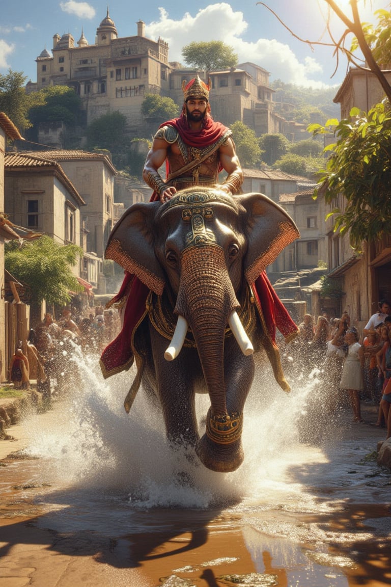 A young muscular man -warrior with red cape an hat, adorned in tribal regalia, rides a majestic armored elephant as it gallops through a puddle on the dirt street, creating a massive splash. The camera tilts from below, capturing the dynamic action from an unusual vantage point. Ancient houses perch atop a hill, framing the scene with rustic grandeur.