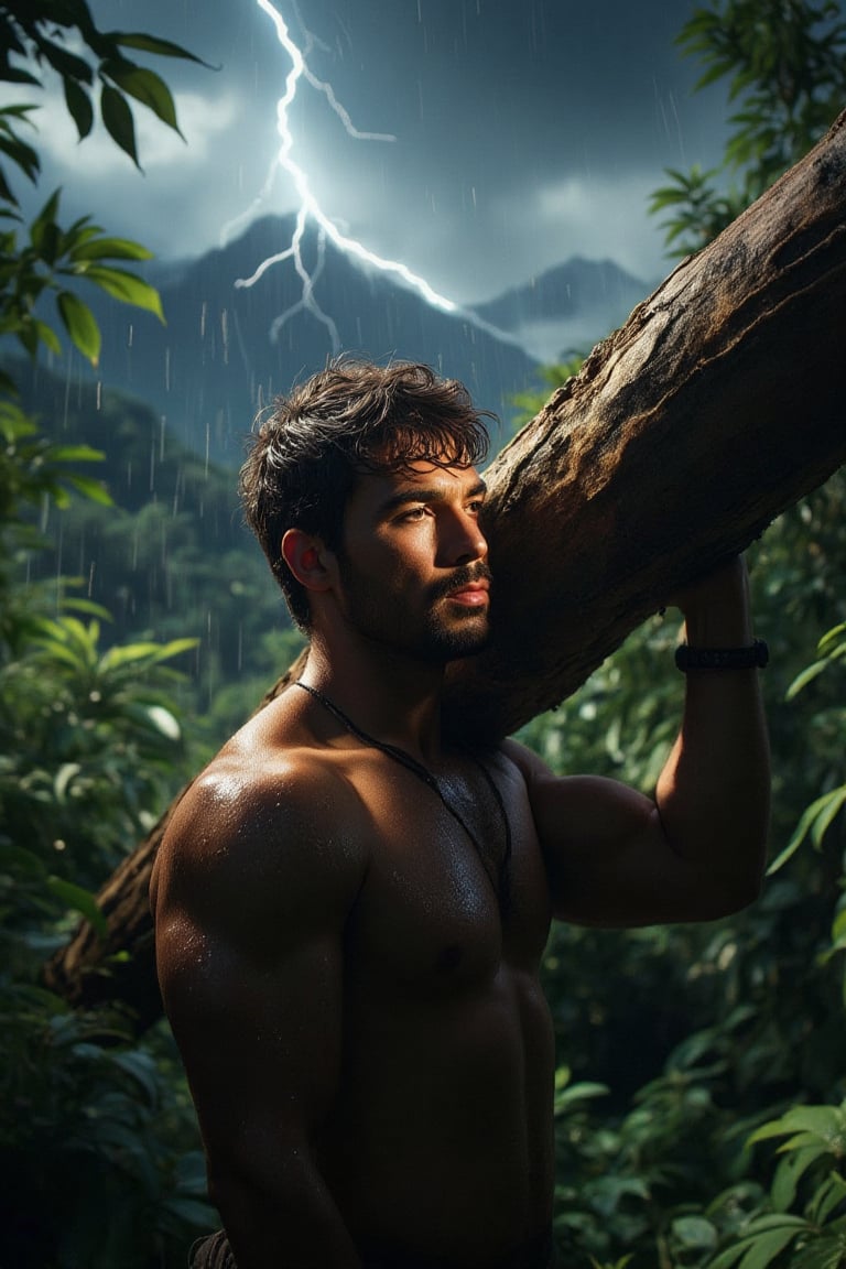 Magnify the rugged features of a muscular man, drenched in rain, as he shoulders a colossal log, clad in ancient attire. His determined gaze is illuminated by a ray of light amidst the tempestuous darkness. The foliage's shadows dance across his face, while the distant mountain range looms behind, punctuated by thunder and lightning. Frame the shot tight on the man's soaked profile, with the wood's massive girth and the stormy backdrop creating an imposing atmosphere.