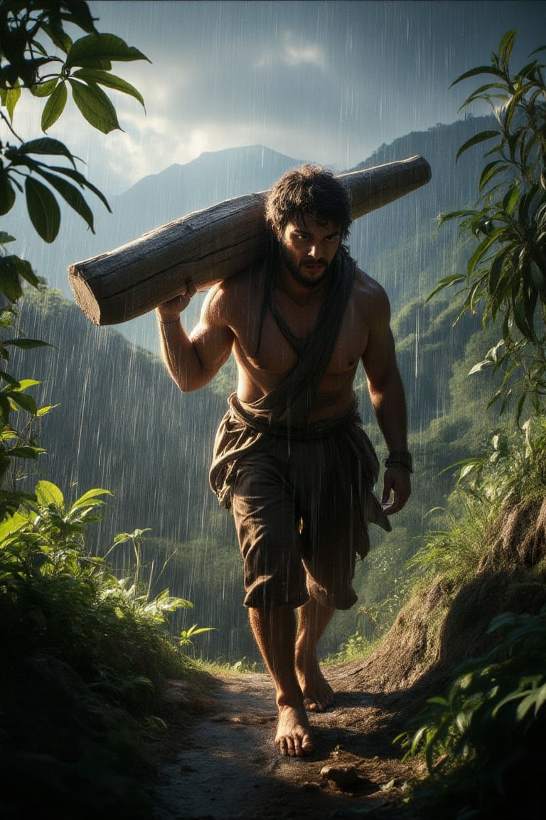 Close-up shot of a powerful muscular man, clad in ancient attire, as he navigates through a torrential downpour. His massive wooden burden, slung over his shoulder, glistens with raindrops as he trudges along the winding hillside path. Foliage's dark silhouettes cast dramatic shadows on his weathered face, while a fleeting ray of light illuminates his determined expression. The stormy mountain backdrop rages on, punctuated by flashes of thunder and lightning.