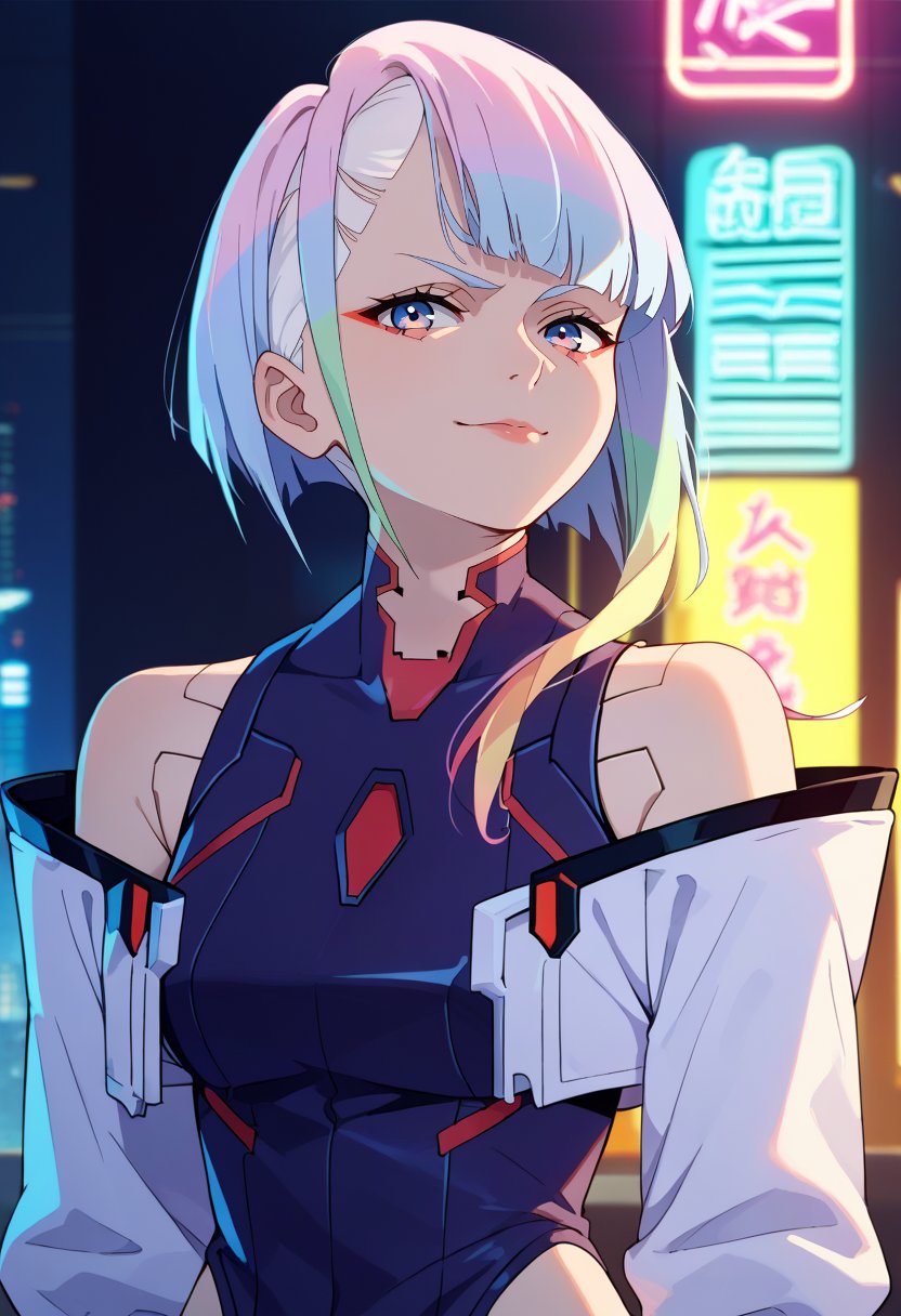 lucy \(cyberpunk\), 1girl, bodysuit, white open jacket, upper body, looking at viewer, solo, neon light, night, cyberpunk city background,score_9, score_8_up, score_7_up, score_6_up, source_anime, smirk