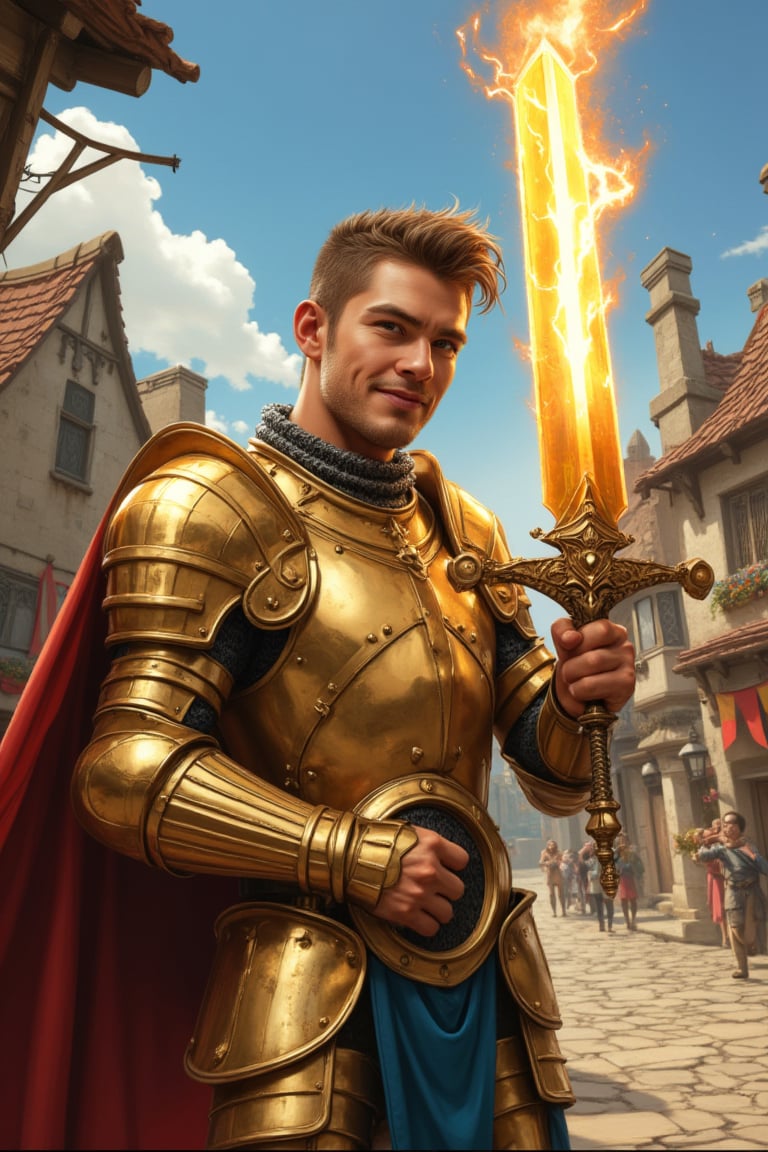 A digital cartoon art style illustration of a scruffy French knight in golden armor struggling to lift a large glowing sword that emits lightning. The knight has a confident expression, with reflective and shiny metal armor. A naughty little dragon playfully pulls the knight's cloak from behind, making the knight smile happily. The backdrop is a whimsical medieval village with crooked houses, colorful banners, and giggling villagers. The art style emphasizes humor, rounded features, and bright colors, while retaining the epic atmosphere of intricate armor and village details. The masterpiece captures the playful interaction between the knight and dragon, set against a vibrant and detailed village scene.