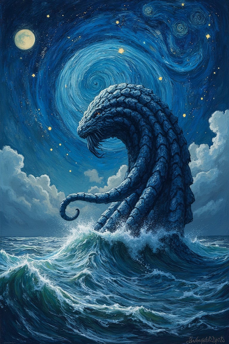 Cthulhu, a giant monster rising from the ocean under a starry sky, depicted in an impressionistic style reminiscent of Van Gogh. The swirling stars and brush strokes create a textured, fine art composition, with the monster's form emerging from the water, its tentacles undulating and blending with the turbulent waves. The starry sky is filled with vibrant colors and dynamic brushwork, contrasting with the dark, ominous ocean below.