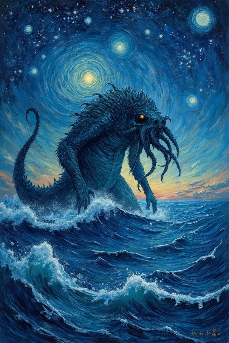 Cthulhu, a giant monster rising from the ocean under a starry sky, depicted in an impressionistic style reminiscent of Van Gogh. The swirling stars and brush strokes create a textured, fine art composition, with the monster's form emerging from the water, its tentacles undulating and blending with the turbulent waves. The starry sky is filled with vibrant colors and dynamic brushwork, contrasting with the dark, ominous ocean below.