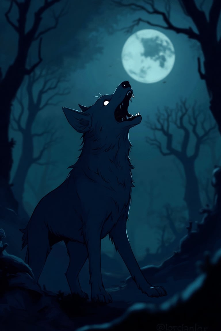 A dark, eerie anime scene with a howling dog in the foreground, its fur standing on end. The dog is barking fiercely, its eyes glowing with an unnatural light. The background is a shadowy, foggy forest, with twisted trees and a full moon casting an ominous glow. The composition is centered on the dog, with the forest framing it, creating a sense of isolation and dread. The lighting is dim with a cold, blue tint, emphasizing the horror atmosphere.