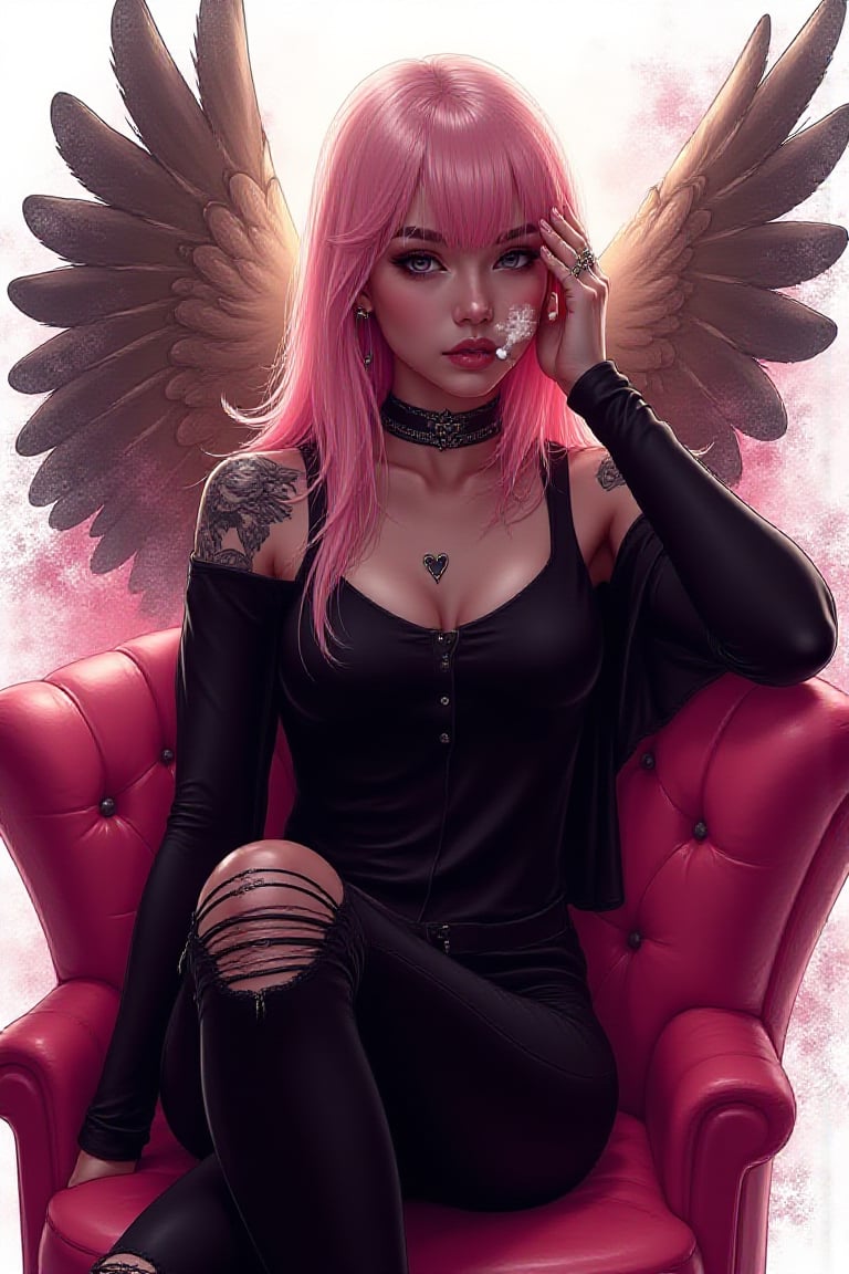 wallpaper,illustration art photo of beautifully girl with plaster hair colour,shoulder tattoos design,wall jewellery of eagle sprawling across at back, modern straight hair style,black shirt,spike design black ripped pants, sat on a crown pink Sofa , right hand touching his face, crossed leg,a smoke from her mouth with symbol of broken heart ,shimmering glitter rim lighting, background with photo of big eagle at the back,white background,soft focus, shallow depth of field highlight