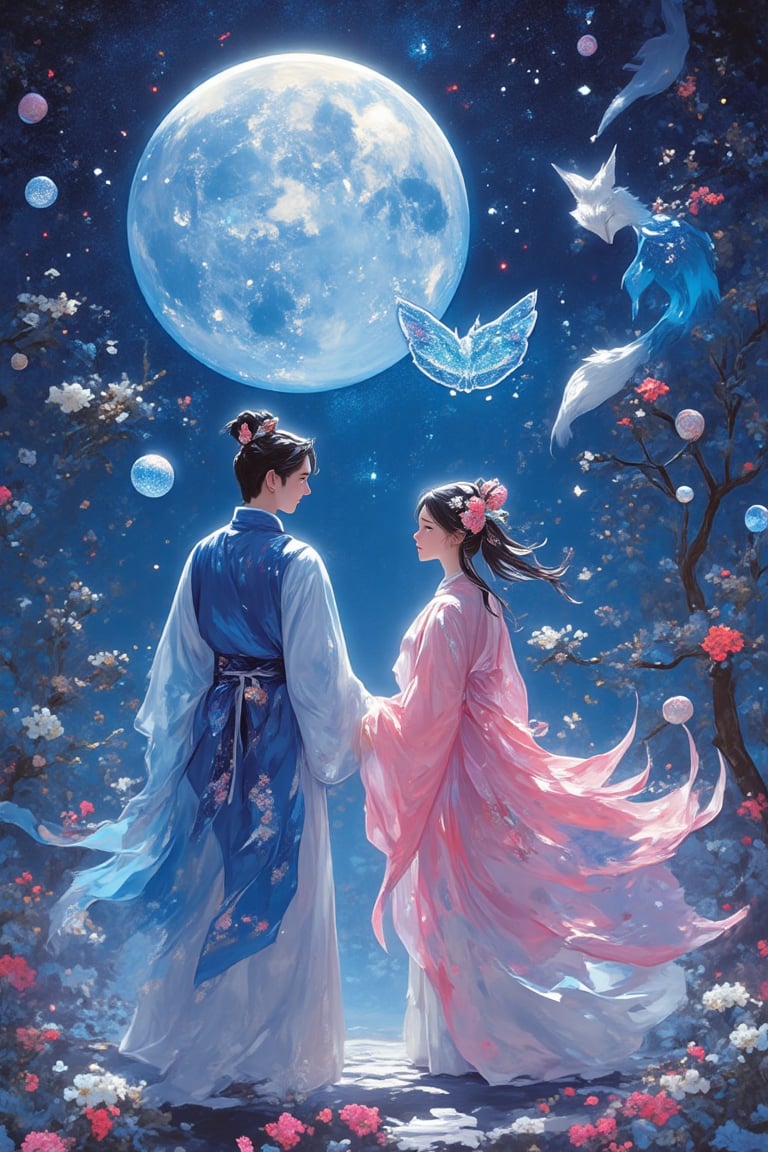 impasto art ,wallpaper style, a girl wear pink blue Hanfu ancient style,blue diamond ancient shoes,a man with Hanfu style ,hold a girl hand ,standing beside her ,stare a big moon together,Fullbody view from a down ,there was a big moon ,a white silver fox ,neon sparkle night sky