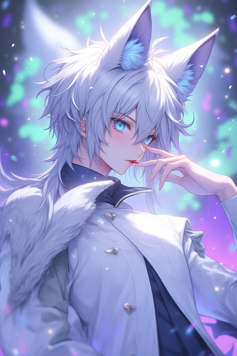 wallpaper,illustration art ,image a man with grey silver hair,long middle hairstyle ,white high details coat ,with grey white foxy Ears ,anime style,got blue sparkle eyes,porcelain skin,view from the shoulder, hand touch his red lips,background with combined purple and green colour