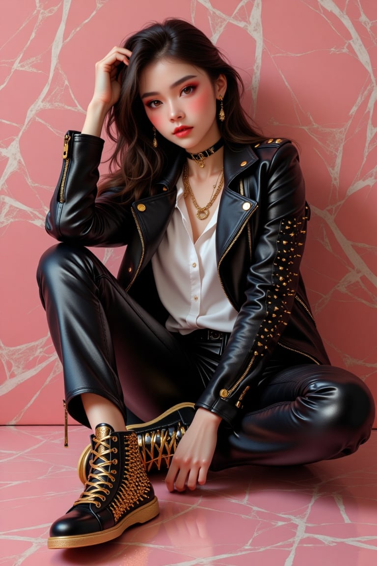  girl sat down ,fully accessories,neck small tattoo,wear black leather spike design jacket,white baby shirt,black leather long pants,high sneaker with gold colour ,hang touch her hair,model pose , background with pink marble wall,