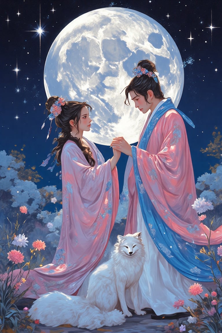 impasto art ,wallpaper style, a girl wear pink blue Hanfu ancient style,blue diamond ancient shoes,a man with Hanfu style ,hold a girl hand ,standing beside her ,stare a big moon together,Fullbody view from a down ,there was a big moon ,a white silver fox ,neon sparkle night sky