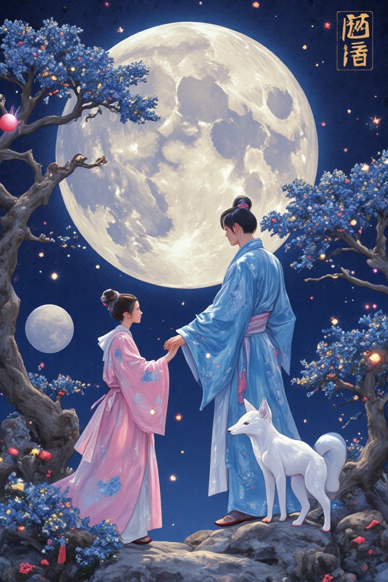 impasto art ,wallpaper style, a girl wear pink blue Hanfu ancient style,blue diamond ancient shoes,a man with Hanfu style ,hold a girl hand ,standing beside her ,stare a big moon together,Fullbody view from a down ,there was a big moon ,a white silver fox ,neon sparkle night sky