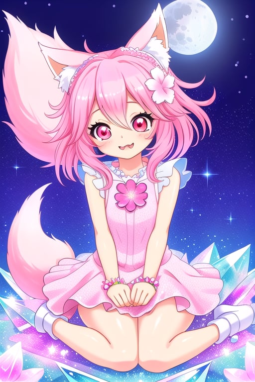 A mystical, ultra-sparkly scene featuring a pink, kawaii foxy girl with nine tails, big eyes, and a cute expression. She stands on a bed of crystals and glass, surrounded by two delicate flowers. The night sky is filled with sparkles, a glowing moon, and twinkling stars. The image is vibrant and colorful, with extreme sparkle effects. The composition is artistic, capturing the foxy girl in a dynamic pose, with the moon and stars framing her. The 8k resolution ensures every detail is perfect, from the shimmering fur to the glittering night sky.