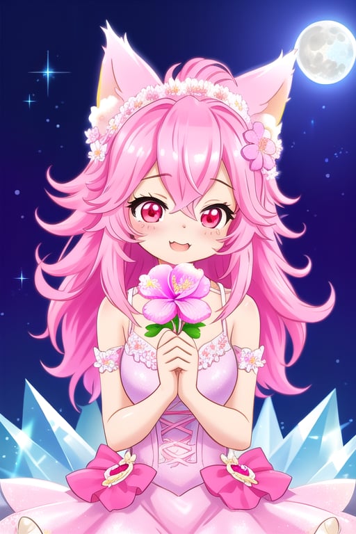 A mystical, ultra-sparkly scene featuring a pink, kawaii foxy girl with nine tails, big eyes, and a cute expression. She stands on a bed of crystals and glass, surrounded by two delicate flowers. The night sky is filled with sparkles, a glowing moon, and twinkling stars. The image is vibrant and colorful, with extreme sparkle effects. The composition is artistic, capturing the foxy girl in a dynamic pose, with the moon and stars framing her. The 8k resolution ensures every detail is perfect, from the shimmering fur to the glittering night sky.