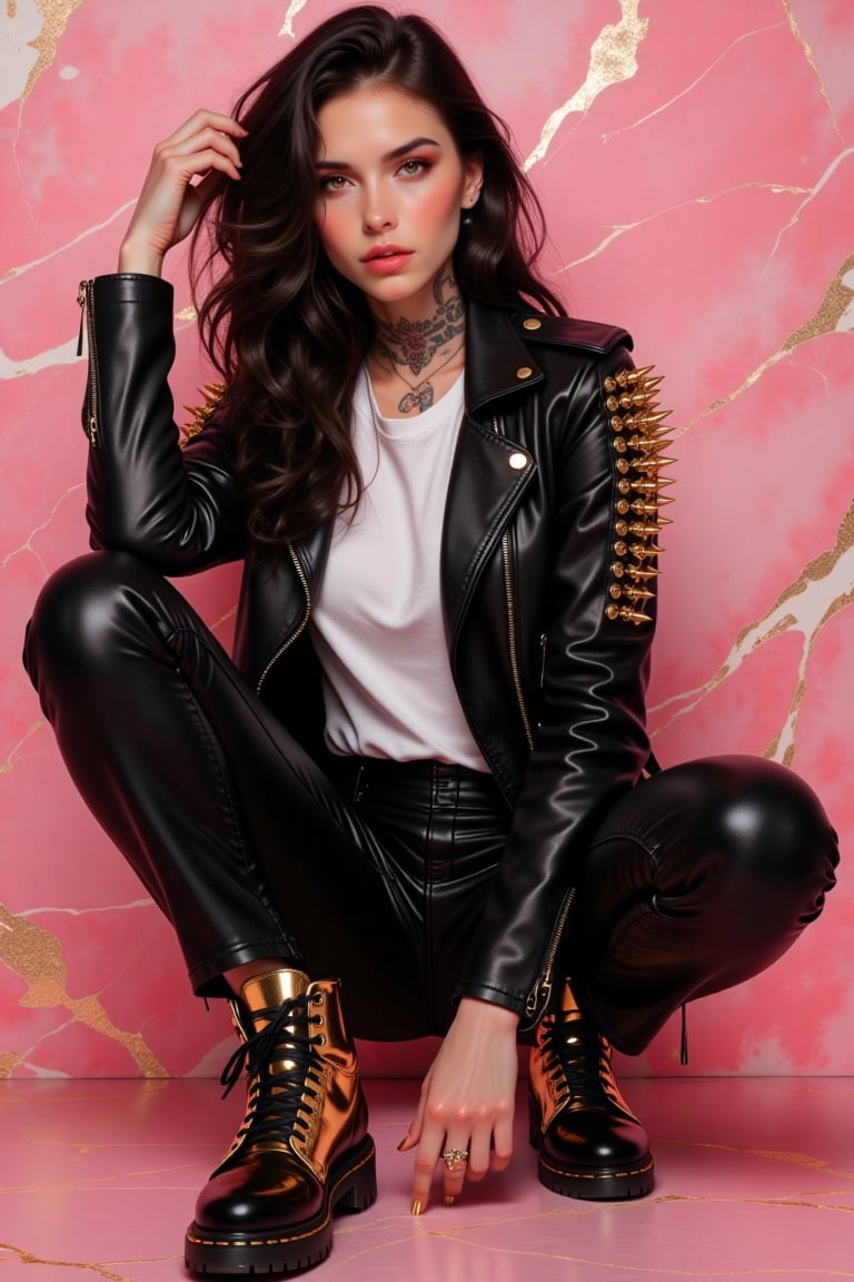  girl sat down ,fully accessories,neck small tattoo,wear black leather spike design jacket,white baby shirt,black leather long pants,high sneaker with gold colour ,hang touch her hair,model pose , background with pink marble wall,