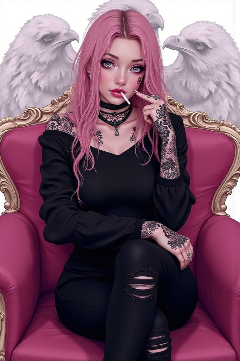 wallpaper,illustration art photo of beautifully girl with plaster hair colour,shoulder tattoos design,wall jewellery of eagle sprawling across at back, modern straight hair style,black shirt,spike design black ripped pants, sat on a crown pink Sofa , right hand touching his face, crossed leg,a smoke from her mouth with symbol of broken heart ,shimmering glitter rim lighting, background with photo of big eagle at the back,white background,soft focus, shallow depth of field highlight