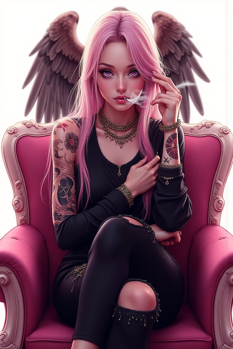 wallpaper,illustration art photo of beautifully girl with plaster hair colour,shoulder tattoos design,wall jewellery of eagle sprawling across at back, modern straight hair style,black shirt,spike design black ripped pants, sat on a crown pink Sofa , right hand touching his face, crossed leg,a smoke from her mouth with symbol of broken heart ,shimmering glitter rim lighting, background with photo of big eagle at the back,white background,soft focus, shallow depth of field highlight