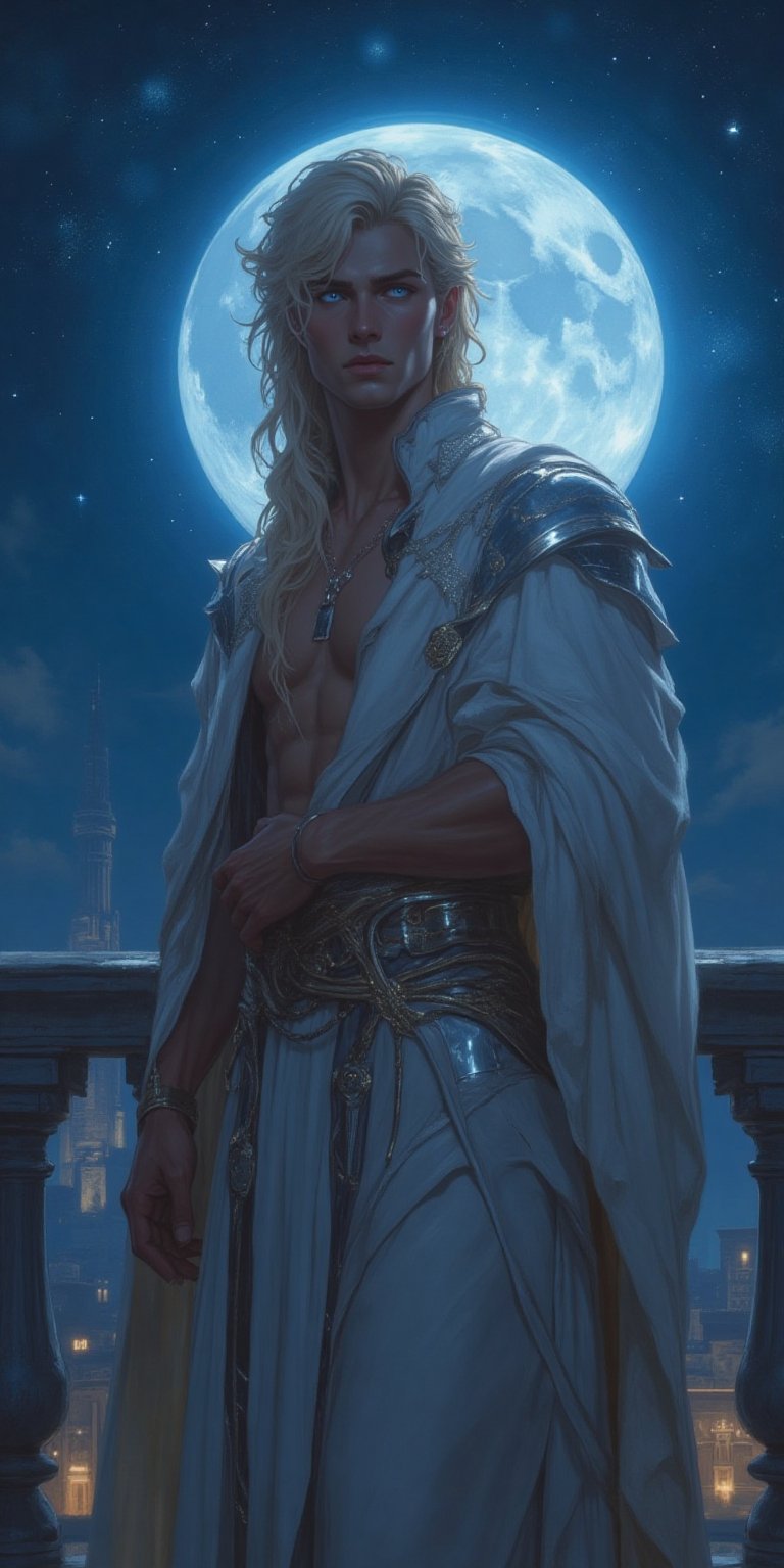 A majestic solo male figure stands confidently on a moon-lit balcony,  bathed in soft,  cool tones. His regal expression a...