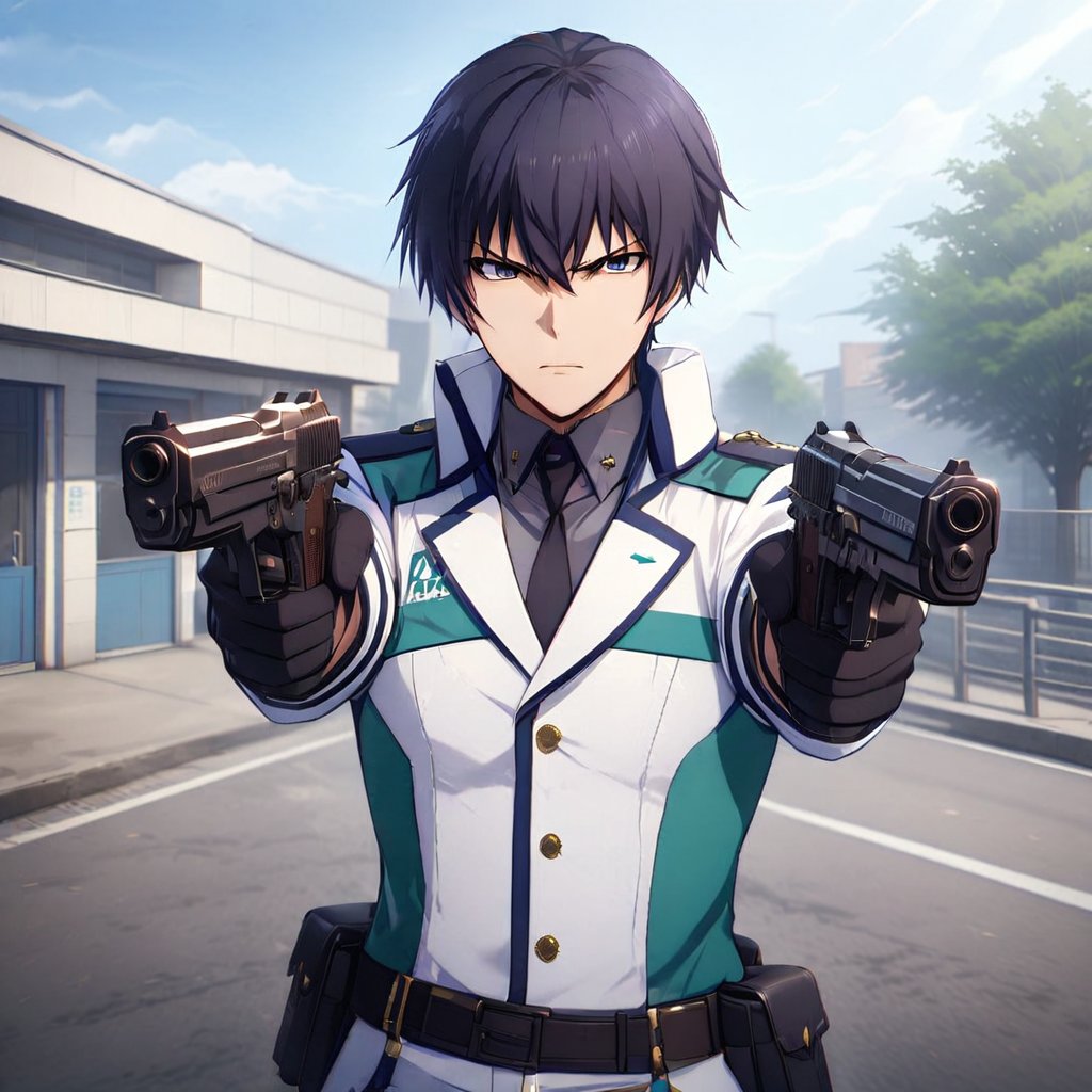 solo, male focus, standing, outdoor, near police station, white jacket, grey t-shirt, Uniform, black hair, serious face, looking at viewer, shooting, upper body, dutch angle,mukakinojisan,dual pistols