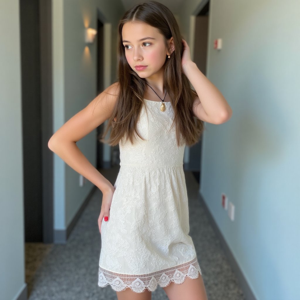realistic mid-angle shot focusing on a 14 years old girl with ,  dressed in a short white lace dress with intricate floral...
