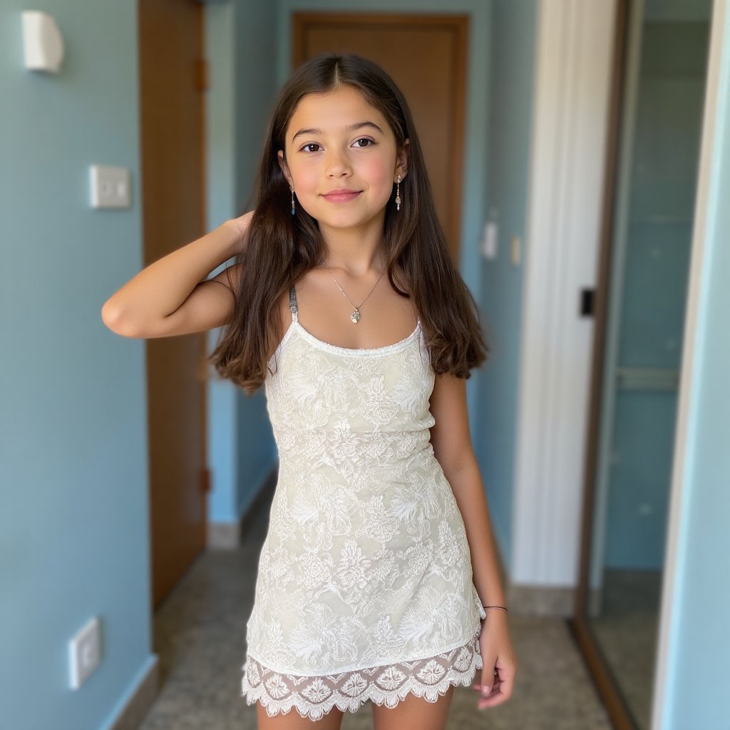 realistic mid-angle shot focusing on a 14 years old girl with ,  dressed in a short white lace dress with intricate floral...