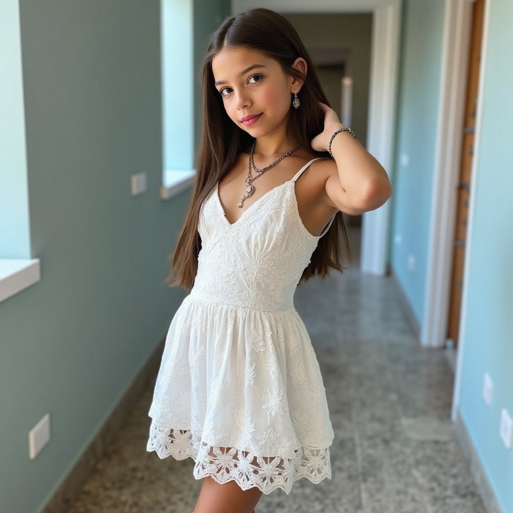 realistic mid-angle shot focusing on a 14 years old girl with ,  dressed in a short white lace dress with intricate floral...