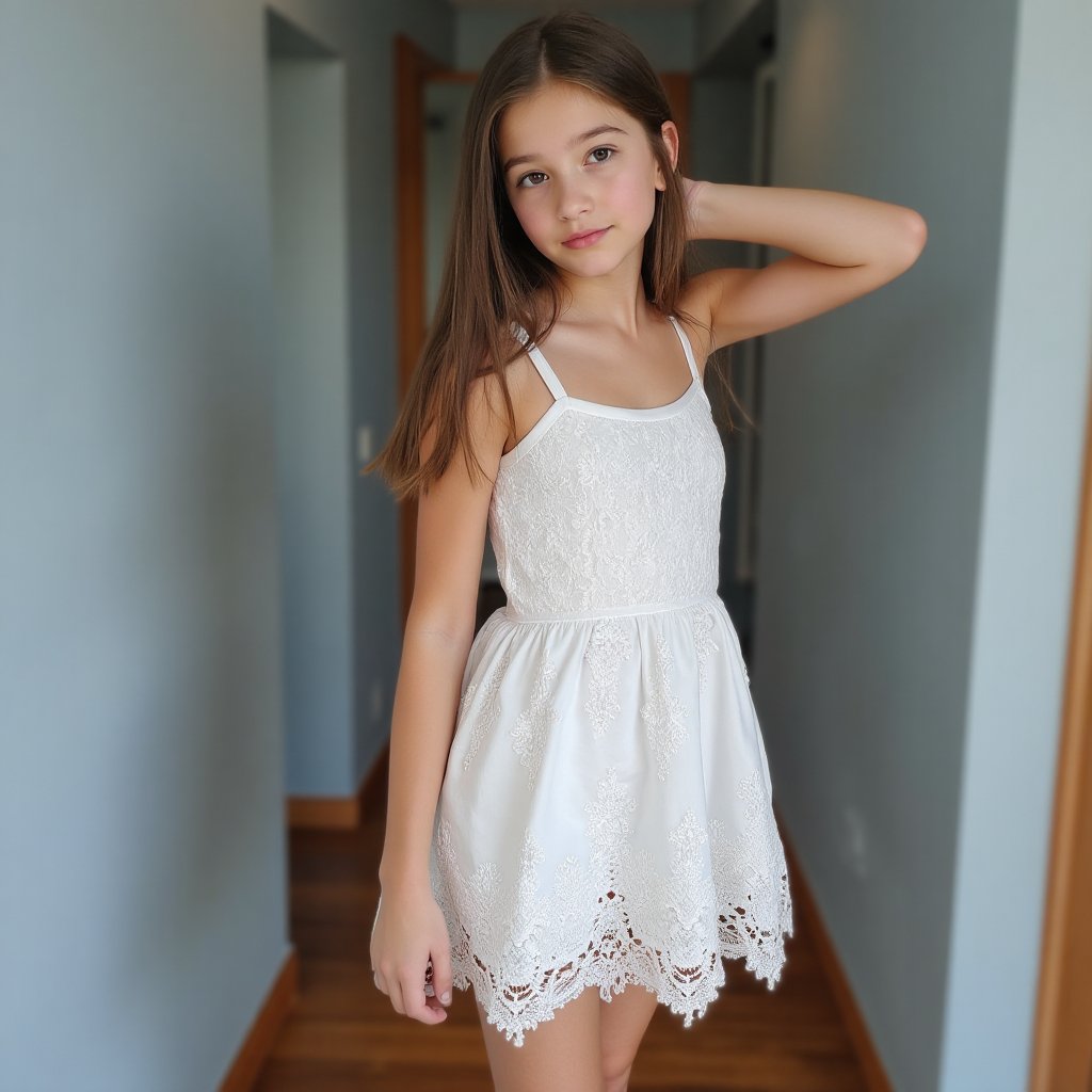 realistic mid-angle shot focusing on a 14 years old girl with ,  dressed in a short white lace dress with intricate floral...