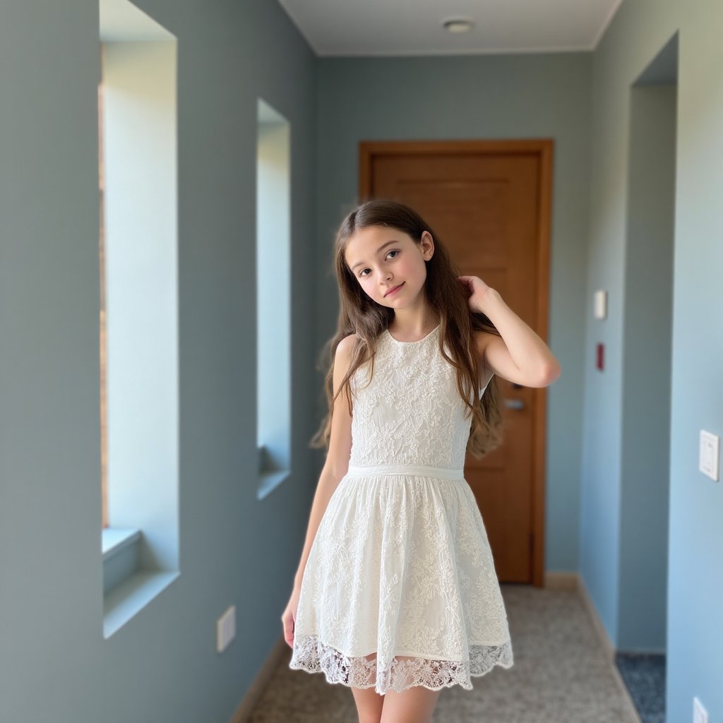 realistic mid-angle shot focusing on a 14 years old girl with ,  dressed in a short white lace dress with intricate floral...