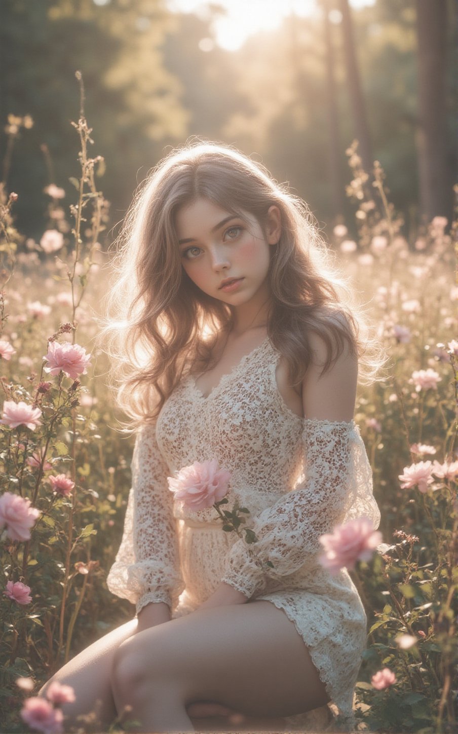 Sunlit meadow bathed in soft,  ethereal glow. A young woman in delicate white lace dress kneels gracefully among vibrant p...