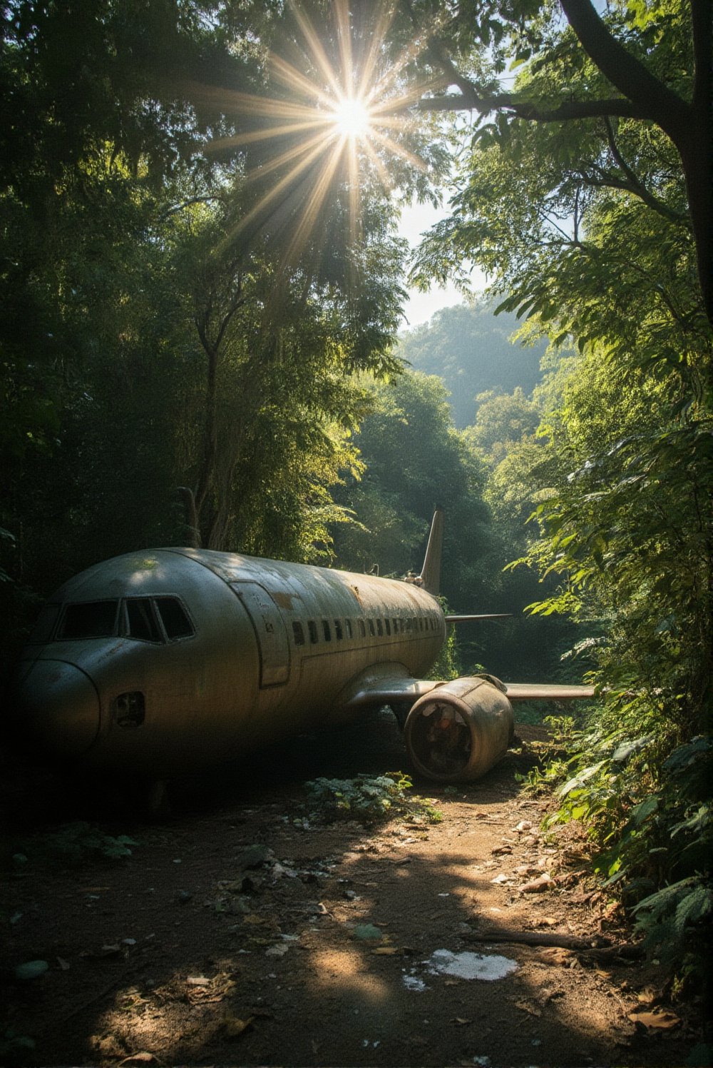 from a low angle view perspectieve; A derelict townscape unfolds as a crashed airplane lies broken and still amidst overgrown bushes, its metal skin matted with verdant foliage. Tall trees tower above, their canopies a vibrant green against the warm, sun-kissed terrain. Sunlight casts long shadows, accentuating the desolate atmosphere, while a prominent lens flare bursts forth from the center of the frame, drawing attention to the eerie scene. A sliver of golden light slices through the chaos, casting an otherworldly glow on the devastation.