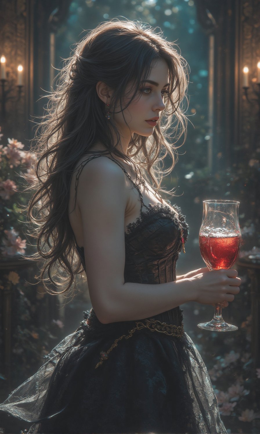 In a dimly lit opulent room,  a stunning woman stands in profile,  her extremely pale skin almost luminous against the dar...