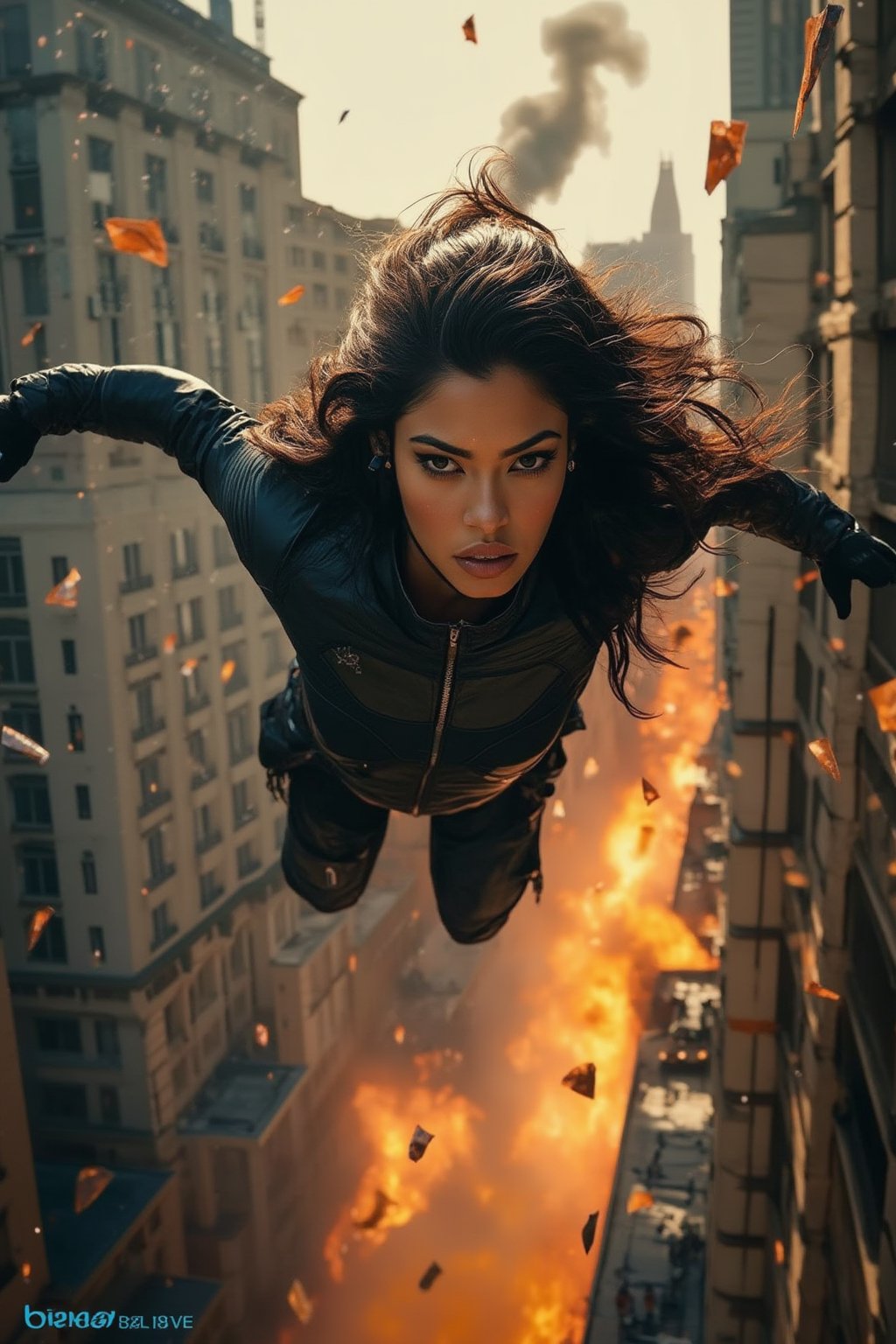 Create a dynamic action scene featuring a powerful Indian woman superhero falling through the sky in a cityscape. The character should have long, flowing black hair and intense facial expression, with her body positioned as if diving downward. Dress her in a sleek black leather suit with tactical gloves, exuding a strong and confident vibe. Surround her with dramatic fiery explosions and broken glass shards to heighten the action intensity. The background should include tall skyscrapers and streets below to create a sense of height and motion. Use a cinematic perspective, capturing her mid-fall from above to emphasize the speed and thrill of the descent. The image should feel energetic and visually dramatic, with a focus on her fearless expression and determined gaze.BREAK
realistic,detailed,sharp focus,high contrast,rule of thirds,depth of perspective,award-winning photo,chiaroscuro,beauy_ks01,ek_art_b00ster,ek_ph0t0_b00ster,Fantasy detailers 