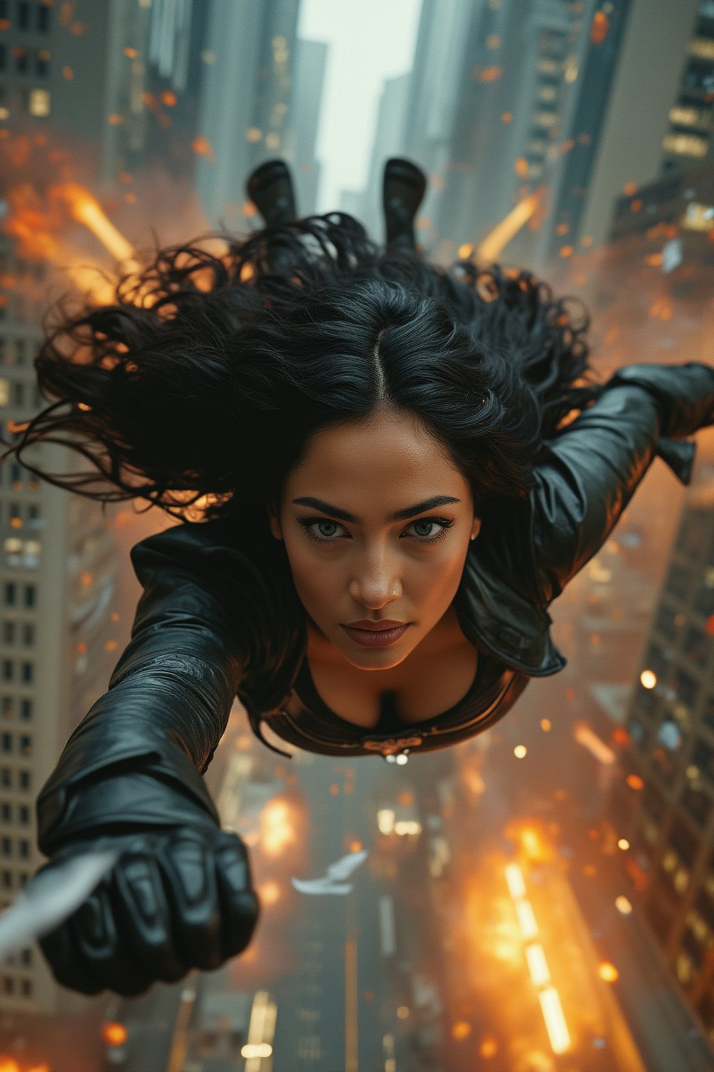 Create a dynamic action scene featuring a powerful Indian woman superhero falling through the sky in a cityscape. The character should have long, flowing black hair and intense facial expression, with her body positioned as if diving downward. Dress her in a sleek black leather suit with tactical gloves, exuding a strong and confident vibe. Surround her with dramatic fiery explosions and broken glass shards to heighten the action intensity. The background should include tall skyscrapers and streets below to create a sense of height and motion. Use a cinematic perspective, capturing her mid-fall from above to emphasize the speed and thrill of the descent. The image should feel energetic and visually dramatic, with a focus on her fearless expression and determined gaze.BREAK
realistic,detailed,sharp focus,high contrast,rule of thirds,depth of perspective,award-winning photo,chiaroscuro,beauy_ks01,ek_art_b00ster,ek_ph0t0_b00ster,Fantasy detailers 