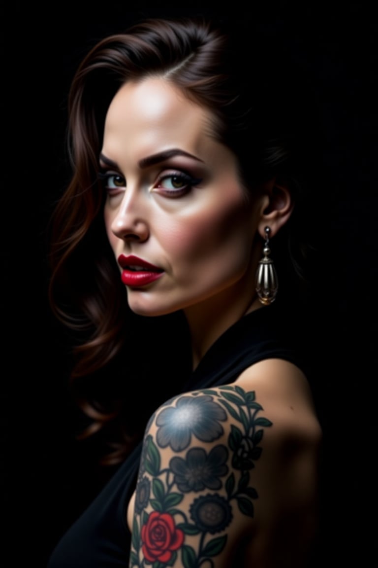 Angelina Jolie, symmetrical female portrait, beautiful makeup, full tattooed, black background, side soft light, highly detailed, melancholic, masterpiece Photography in the style of Oleg Dou, soft light hyper clean photography, (((Oleg Dou photography style)))