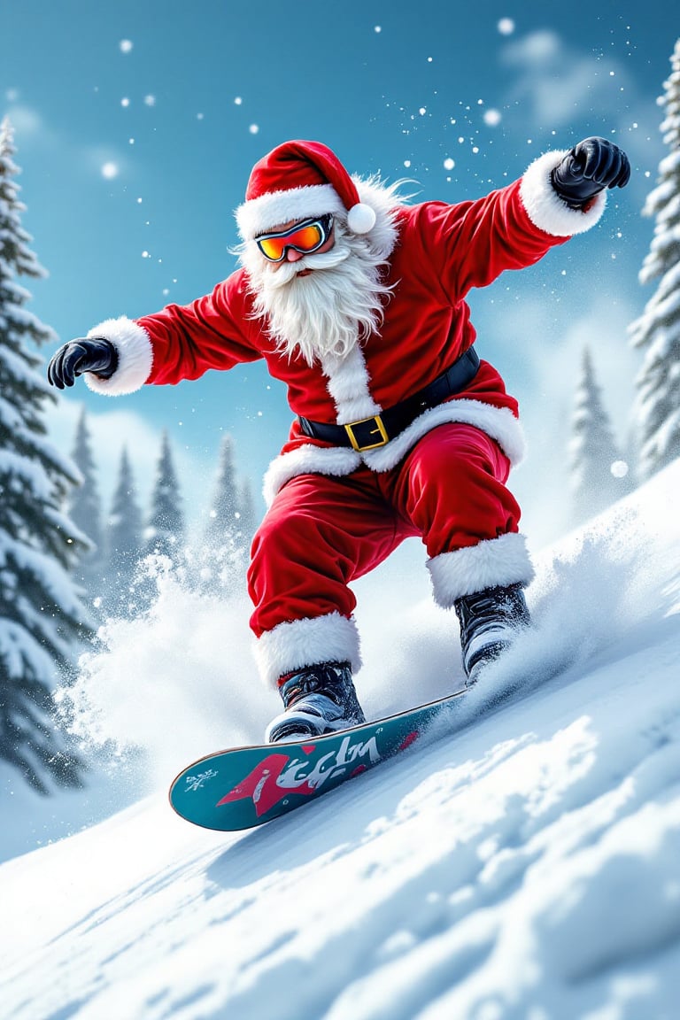 Santa on a snowboard,  performing trick. His red suit billows in the wind as he conquers the gnarliest runs.,  vector ucm...