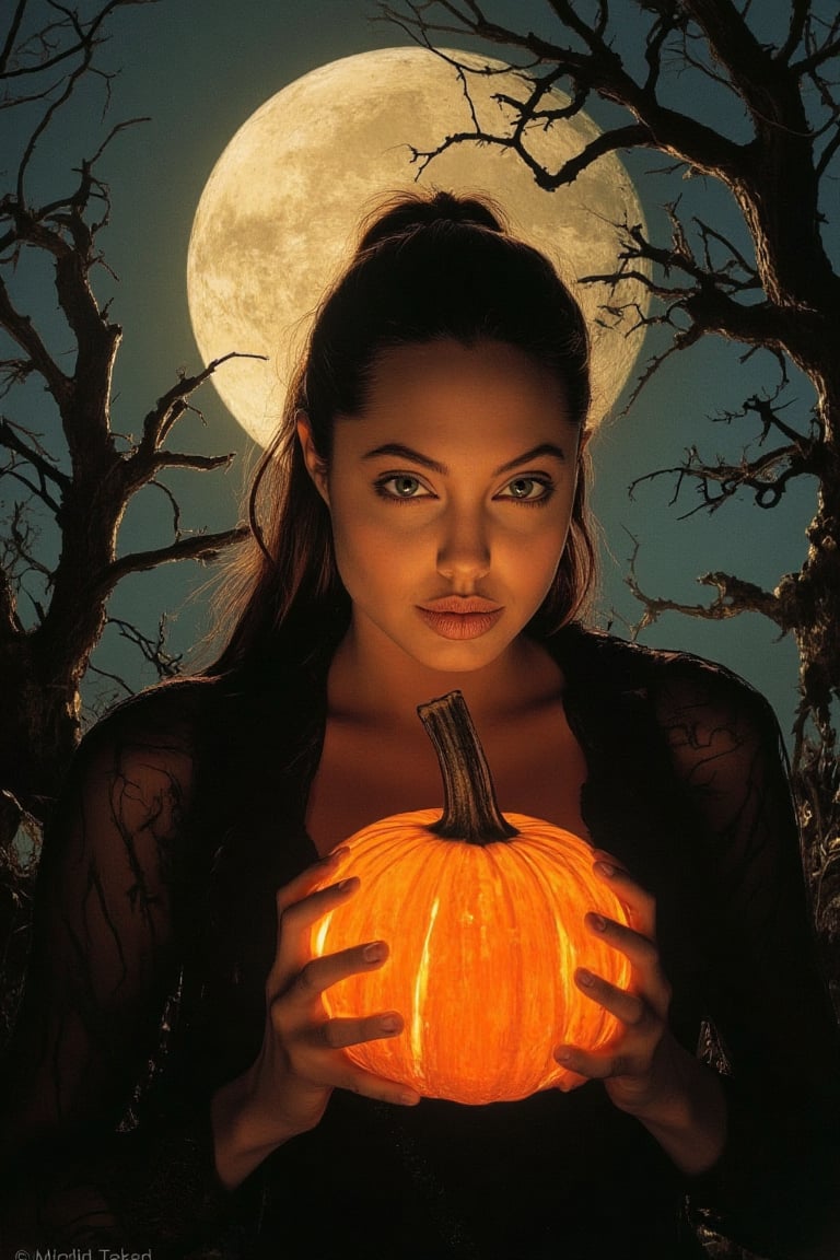 A spooky art drawing of a woman standing in a dimly lit, eerie forest. She holds a glowing pumpkin in her hands, casting an ominous light on her face. Her expression is one of mystery and intrigue, with a slight smile. The background features twisted trees and a full moon, creating a haunting atmosphere. The composition is centered, with the woman in the foreground and the forest in the background, emphasizing the spooky mood.,90saj 